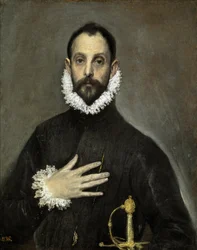 Espanjaksi:  El caballero de la mano en el pecho Aatelismies, jolla on käsi rinnassaan.