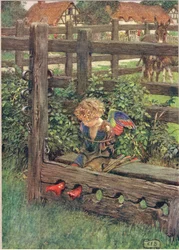 Kuvitus teoksesta "The Book of Old English Songs and Ballads, julkaisija Stodder and Houghton, n. 1910 (värilitho)