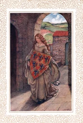 Sitten hän kiipesi torniinsa..., kuvitus Alfred Tennysonin (1809-92) teoksesta "Idylls of the King", julkaisija Hodder & Stoughton