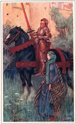 Yniolin ruostuneet käsivarret olivat hänen ruhtinaallisen persoonansa päällä..., kuvitus Alfred Tennysonin (1809-92) teoksesta "Idylls of the King", julkaisija Hodder & Stoughton