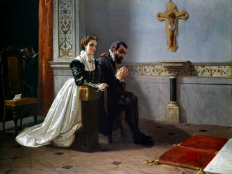 Bianca Cappello ja Francois I de Medici (1541-1587) (Francesco Primo I de Medici) rukoilevat krusifiksin edessä (öljy kankaalle)