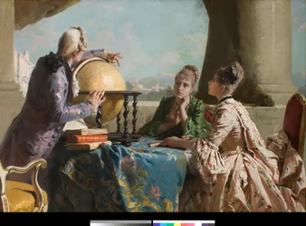 Maantiedon lekon Kaksi nuorta korkean yhteiskunnan naista ja heidän opettajansa näyttämässä heille maapalloa Eleuterio Paglianon (1826-1903) maalaus 1880 Yksityinen kokoelma