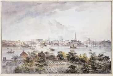 Näkymä Tukholmaan Kungsholmenista Kuninkaanlinnan ja Storkyrkanin, Tyskakyrkanin, Katarinakyrkan ja Riddarholmskyrkanin kanssa,