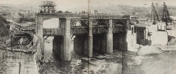 Rionin vesivoimala. Kuvitus julkaisusta Neuvostoliitto rakentaa sosialismia, 1933.