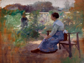 Nainen istuu puutarhassa, 1800-luvun loppu - 1900-luvun alku.