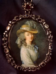 Jeanne Becu, kreivitär (tai rouva) du Barry (1743-1793) muotokuva Nicolas Lawreincen (Le Jeune) (1737-1807) ansiokas pienoismaalaus norsunluusta Elisabeth Louise Vigee-Le Brunin (1755-1842) Sun. 0,16x0,12 m.