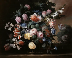 Kesäkukkien asetelma, jossa on ruusuja, primrooseja ja tulppaaneja. Elise Bruyeren (1776-1842) maalaus Yksityiskokoelma.