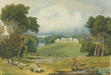 Näkymä Holkham Hallista, Norfolkista, kaiverrus Robert Havell (1769-1832) 1818 (värikaiverrus)