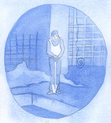 Työmies nojaa lapioonsa rakennustyömaan sotkussa ja sotkussa, mutta ei vielä näe syytä kaikelle työlleen: niin on meidänkin kanssamme, kun pysymme uskossa!, 2001 (paperilla)