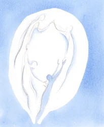 Ripin, synninpäästön, rukouksen ja katumuksen jälkeen löysin itseni nostettuna - kuten Herra selitti - kolmen jumalallisen persoonan "tanssiin", 2005 (akvarelli paperille).