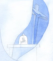 Kun viini oli pyhitetty, näin maljan, jossa nyt oli kallisarvoista verta; Näin "verhon" erottuvan ja Kristuksen ristillä uhraavan uhrinsa, 2002 (paperilla)
