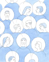 Kaikki pyhät hymyilivät ja jakoivat ilonsa toistensa kanssa, koska maanpäällinen kirkko ylistää Jumalaa, Isää, Kristuksen kautta, Hengessä, kun seurakunta lausui messussa suuren "aamenin", 2005 (akvarelli paperille).