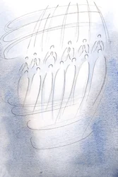 Enkelit ympäröivät pyhäköä rukoillen taivaan valon alla., 2001 (paperilla)