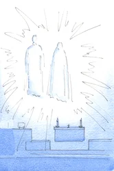 Heti kun tervehdin Kristusta tabernaakkelissa, näin hänen ilmestyvän korkealle pyhäkössä äitinsä kanssa vuosipäivävierailulle, 2003 (paperilla)