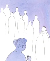 Kun rukoilemme rukousta, pyhät liittyvät "Terve Maria" -teoksen ensimmäiseen puoliskoon ja rukoilevat sitä kanssamme kunnioittaakseen Neitsyt Mariaa ja kirkastaakseen hänen poikaansa Jeesusta., 2004 (paperilla)