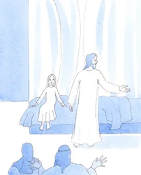 Osoittamalla huolenpitoa ruokaa ja juomaa tarvitsevista ihmisistä osoitamme sydämessämme olevan rakkauden - kuten Jeesus teki parantaessaan pienen tytön, 2005 (vesiväri paperille).