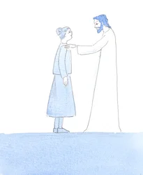 Kristus siveli olkapäätäni, kun hän vakuutti minulle, että pienet virheemme ovat kuin pieniä pölyhiukkasia hienossa puvussa, kun lähestymme häntä ehtoollisella, 2005 (akvarelli paperille).