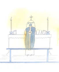 Kristus iloitsee messun ylimääräisestä muodosta, joka antaa meille mahdollisuuden kokea liturgian sekä ihailtavia että asianmukaisia näkökohtia, 2005 (vesiväri paperille).