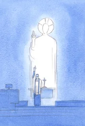 Kristus puhuu ja toimii pappien kautta, jotka siunaavat ja antavat anteeksi "in persona Christi capitis", "Kristus Pään persoonassa", 2002 (w/c paperilla)