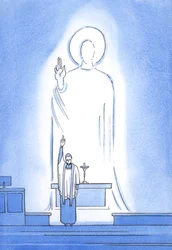 Kristus puhuu ja toimii pappien kautta, jotka siunaavat ja antavat anteeksi "in persona Christi capitis", "Kristus Pään persoonassa", 2002 (w/c paperilla)