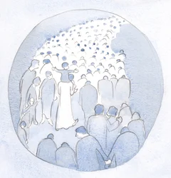 Kristus kulki kansansa keskellä, lapsi harteillaan, pyhiinvaeltajien ja sairaiden kanssa., 2001 (paperilla)
