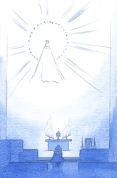 Kristuksen Pyhä Äiti elää nyt "ylösnousemuselämää", josta toivomme saavamme nauttia; ja hän on hyvin lähellä Kristusta ja meitä, 2002 (w/c paperilla)