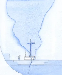 Pyhän messun aikana pyhäkön poikki ilmestyi halkeama, jonka läpi näin Kristuksen ristillä, 2002 (paperilla)