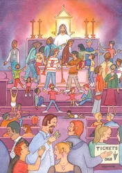 Kristus katselee tabernaakkelista surullisena, kun Hän näkee pyhää "rukoushuonettaan" kohdeltavan kauppapaikkana, 2002 (paperilla)