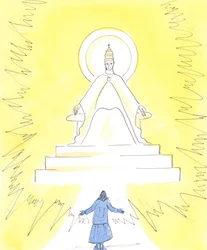 Uskossa voimme nähdä hehkuvan valon korkealla kirkossa pyhäkön yläpuolella, 2004 (paperilla)
