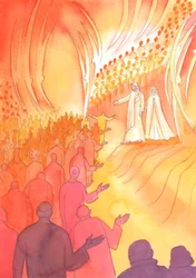 Ristiinnaulittu Jeesus odottaa taivaan portilla äitinsä Marian ja pyhien enkelien kanssa, 2000 (paperilla)