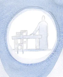Jeesus hymyili minulle ja osoitti pöytää ja kahta tuolia, koska Hän odotti syömään kanssani häiriötekijöistäni huolimatta, 2000 (paperilla)