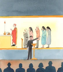Monet nykypäivän katolilaiset, jotka eivät usko kaikkiin kirkon opetuksiin, maalaavat karikatyyrin viimeistä kirkolliskokousta edeltävästä ajasta, 2005 (akvarelli paperille).