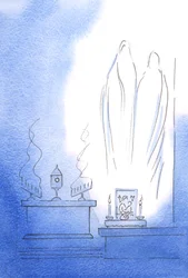 Neitsyt Maria ja Pyhä Joosef olivat iloisia voidessamme olla kanssamme kahtena pyhänä auttajana ja kuulla "jumalan ylistykset", joita rukoilimme Kristuksen läsnäollessa, 2002 (w/c paperilla)