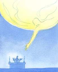 Isä ottaa vastaan lahjamme, leivän ja viinin, ikäänkuin taivaasta nojaten kuin ystävällinen vanhempi, joka ottaa lahjoja lapselta, 2003 (paperilla)