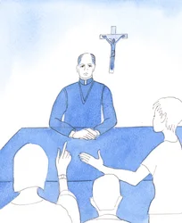 Herra pyytää piispoja katsomaan taaksepäin elämäänsä. Ovatko he koskaan jättäneet puhumatta esimerkiksi moraalista peläten, että he suututtavat ihmisiä tai ajavat heidät pois, 2005 (akvarelli paperille).