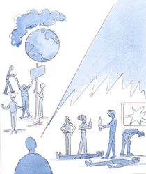 Maallisessa elämässä on monia vaaroja, kuten saastuminen ja nälänhätä, 2004 (vesiväri paperille).