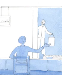 Ne, jotka nauttivat näyistä mutta tyytyvät olemaan ilman niitä, ovat kuin kotiäidit, jotka tapaavat mielellään vieraan kahville ja juttelemaan, mutta tyytyvät tavallisiin askareisiinsa, 2004 (vesiväri paperille).