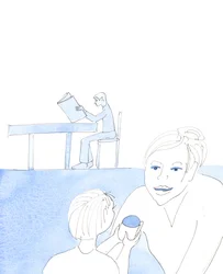 Kun esitämme uhrilahjamme Neitsyt Marialle, jotta hän viimeistelee ne ennen kuin lähestymme Herraa, olemme kuin lapsi, joka tarkastaa lahjan äidiltään, ennen kuin hän lähestyy rakasta isäänsä syntymäpäivälahjan kanssa, 2005 (akvarelli paperille).