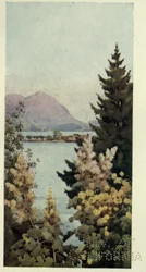 Puutarha, Lago di Como, kuvitus Richard Bagotin teoksesta "Italian järvet".