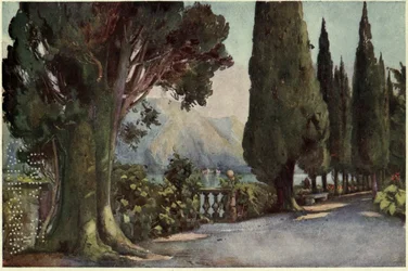Cypress Avenue, Villa del Pizzo, Lago di Como, kuvitus Richard Bagotin teoksesta Italian järvet