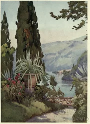 Villa Arconatin puutarhassa, Lago di Como, kuvitus Richard Bagotin teoksesta "Italian järvet"