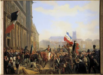 Heinäkuun 1830 vallankumous: Louis Philippe, Orléansin herttua (josta tuli Ranskan kuningas Louis Philippe 1er) (1773-1850), kuningaskunnan kenraaliluutnantti saapui Pariisin kaupungintaloon 31. heinäkuuta