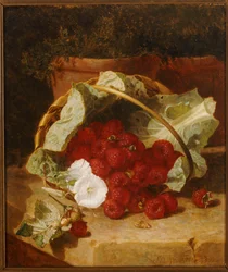 Vadelmat kaalinlehdillä vuoratussa korissa, jossa on valkoinen kouristukset kivireunassa, 1880