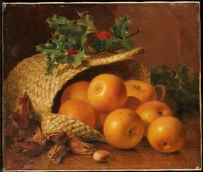 Asetelma omenoiden, hasselpähkinöiden ja hollyn kanssa, 1898