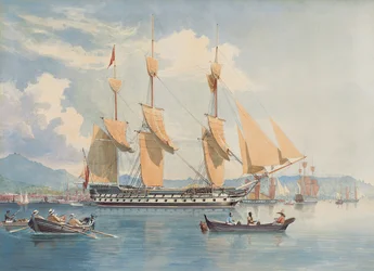 HMS Ganges makaa ankkurissa ja kuivaamassa purjeitaan Rio de Janeirosta