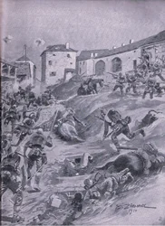 Aschaffenbergin 2. Baijerin metsästäjäpataljoona Lagardessa elokuussa 1914, The Illustrated History of the World War 1914-1915 -pubista. kirjoittanut Union Berlagsefellfchaft