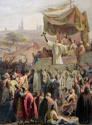 Pyhä Bernard Clairvaux saarnaa toista ristiretkeä Vezelayssa, 31. maaliskuuta 1146 - kaiverrus Emile Signolin mukaan - Saint-Bernard de Clairvaux (San Bernardo di Chiaravalle) saarnaa toista ristiretkeä kuninkaan Ludvig VII:n ja Alienorin kuningatar Alieno