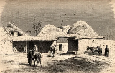 Caravanserai Tashkentissa, Uzbekistanissa, kuvitus teoksesta "Maailma käsissä", kaiverrettu Charles Laplante (k.1903), julkaistu 1878 (kaiverrus)