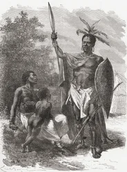 Keski-Afrikan Ougogosta kotoisin oleva sotapuku, kuvitus teoksesta "The World in the Hands", julkaistu 1878