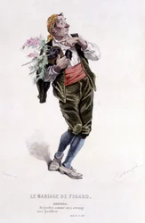 Edouard Fournierin Beaumarchaisin (1732-1799) täydellinen teos. piirustus Emile Bayard. Ed. Laplace, Sanchez et Cie, Pariisi 1876. Tämä on Antonio elokuvassa "Figaron häät"